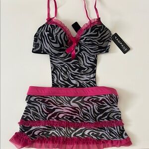 Rampage sexy lingerie sleepwear tie up skirt festival rave halloween zebra